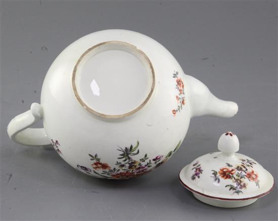 A rare Derby globular teapot and cover, c.1758, h. 13.5cm, handle re-attached